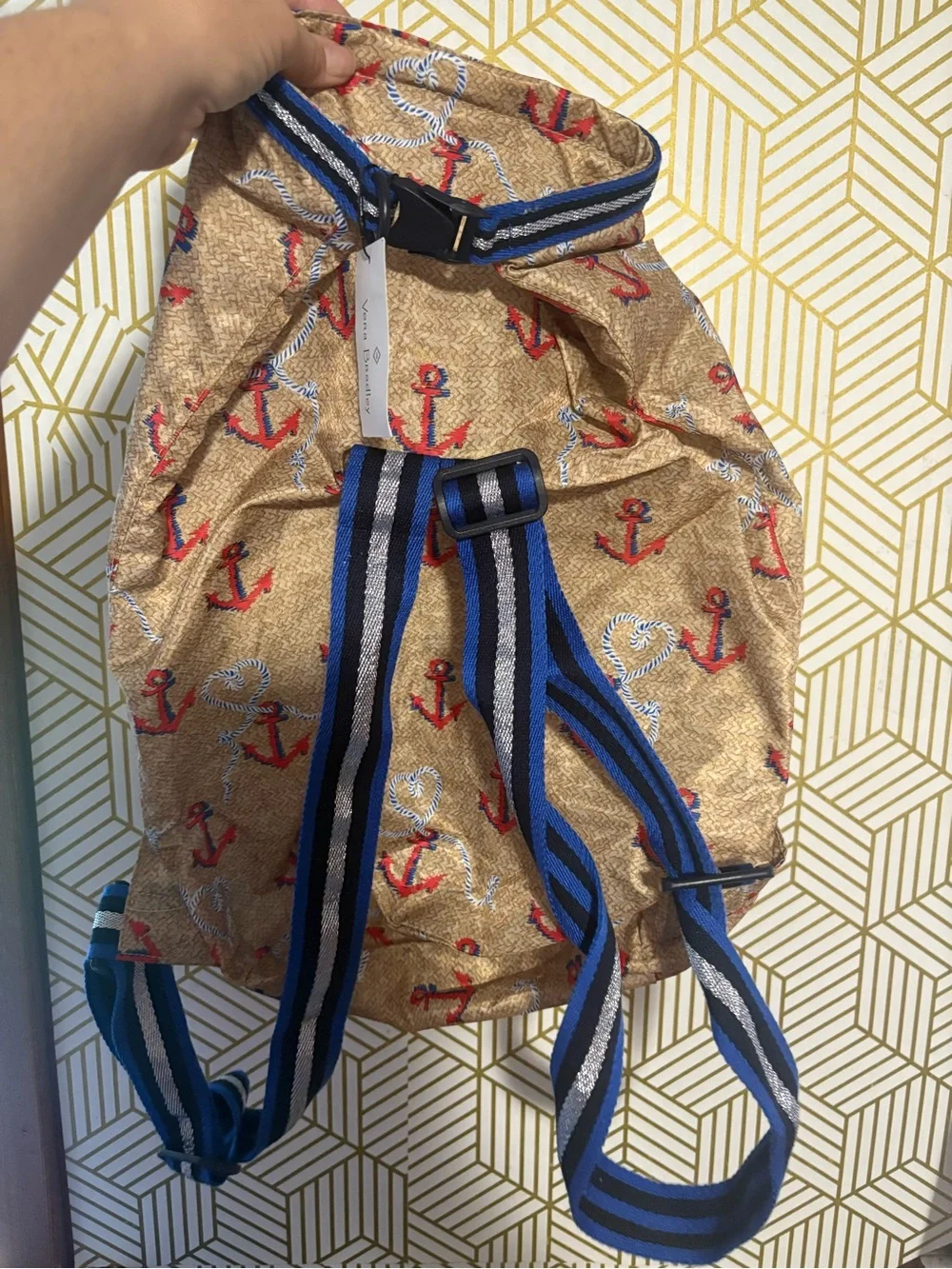 Vera Bradley Tan Anchor Print Backpack with Blue-Striped Straps